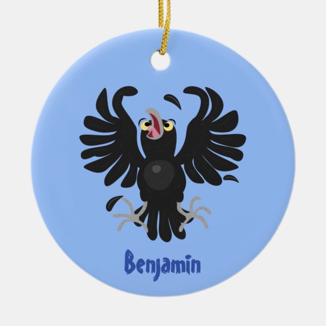 Funny crazy crow raven cartoon illustration ceramic ornament (Front)