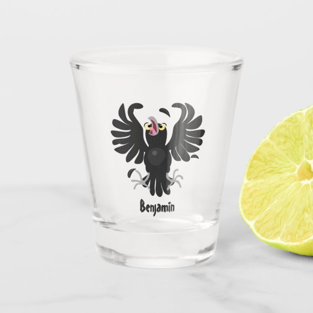 Funny crazy crow raven cartoon illustration shot glass (Front)