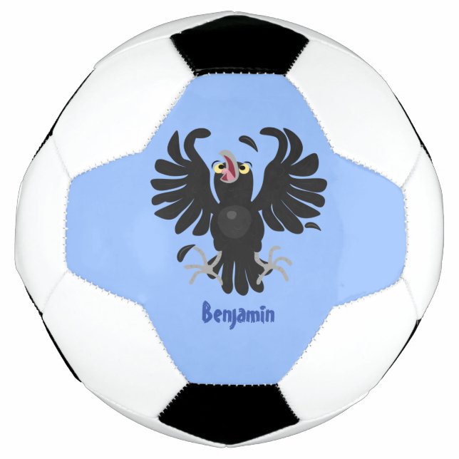 Funny crazy crow raven cartoon illustration soccer ball (Front)