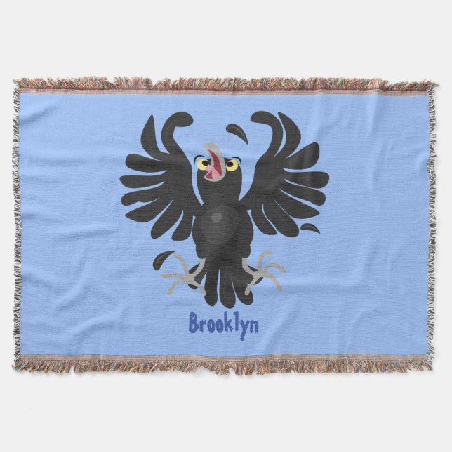 Funny crazy crow raven cartoon illustration throw blanket (Front)
