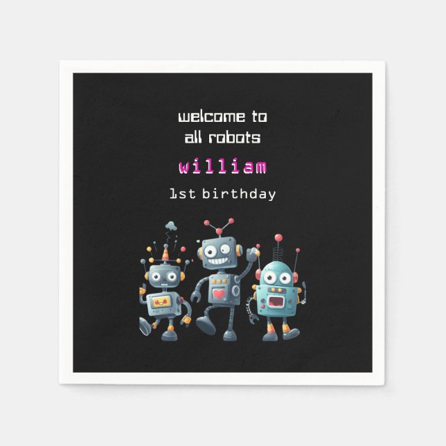funny crazy robot birthday invitation napkin (Front)