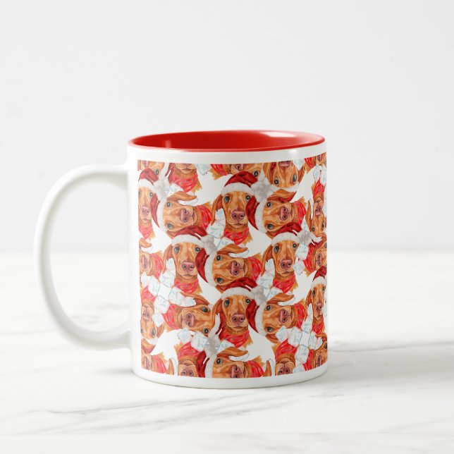 Funny Cream Dachshund Christmas Pattern Two-Tone Coffee Mug (Left)