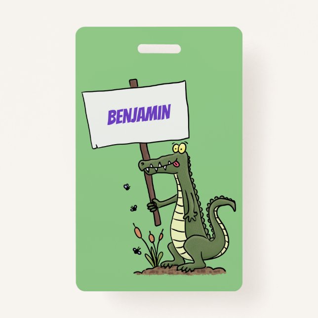 Funny crocodile aligator with sign cartoon badge (Front)