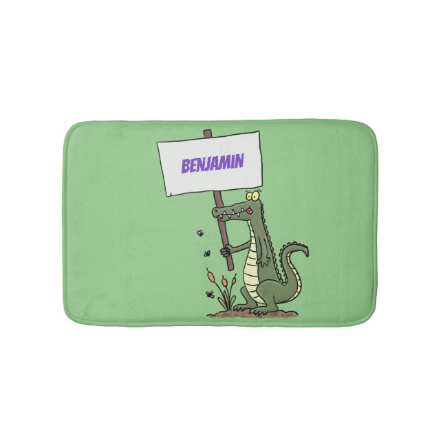 Funny crocodile aligator with sign cartoon bath mat (Front)