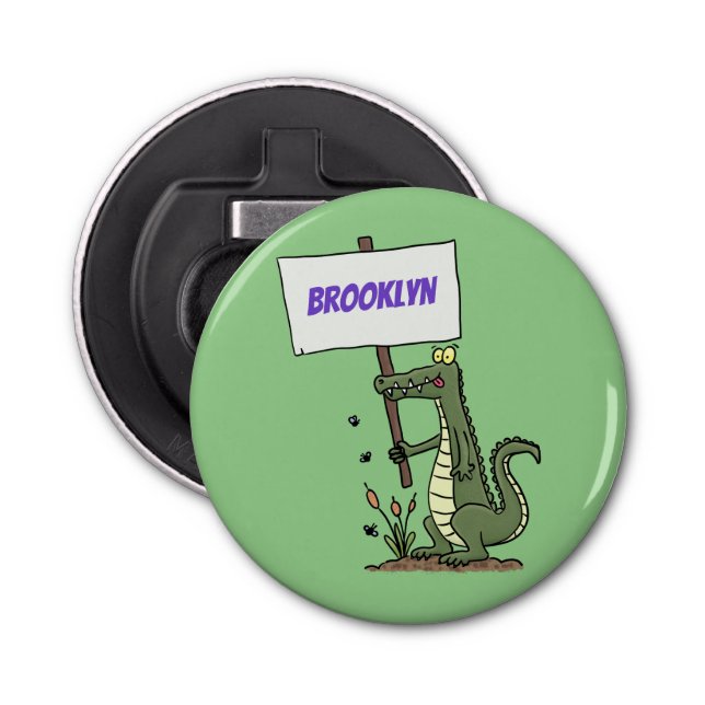 Funny crocodile aligator with sign cartoon bottle opener (Front)
