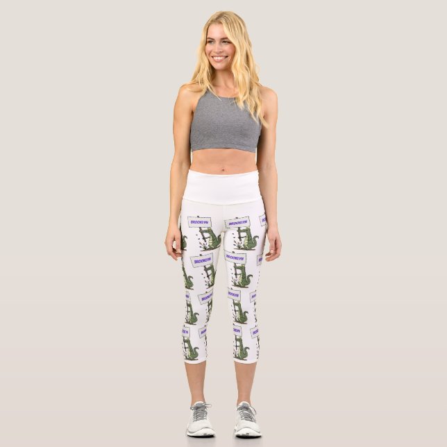 Funny crocodile aligator with sign cartoon capri leggings (Front)