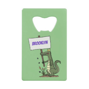 Funny crocodile aligator with sign cartoon credit card bottle opener