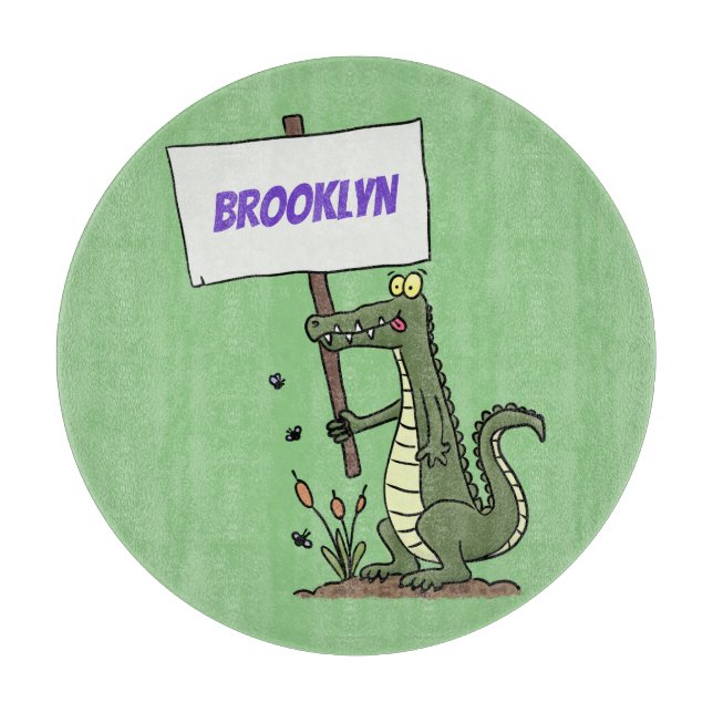 Funny crocodile aligator with sign cartoon cutting board (Front)