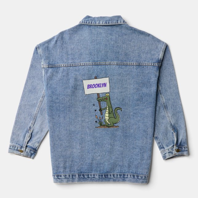Funny crocodile aligator with sign cartoon denim jacket (Back)
