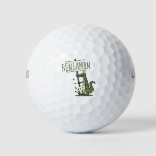 Funny crocodile aligator with sign cartoon golf balls