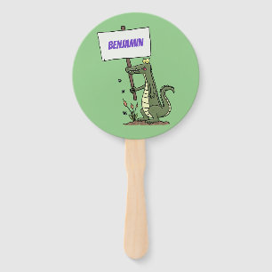 Funny crocodile aligator with sign cartoon hand fan