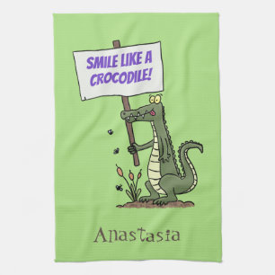 Funny crocodile aligator with sign cartoon kitchen towel