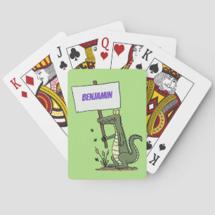 Funny crocodile aligator with sign cartoon playing cards