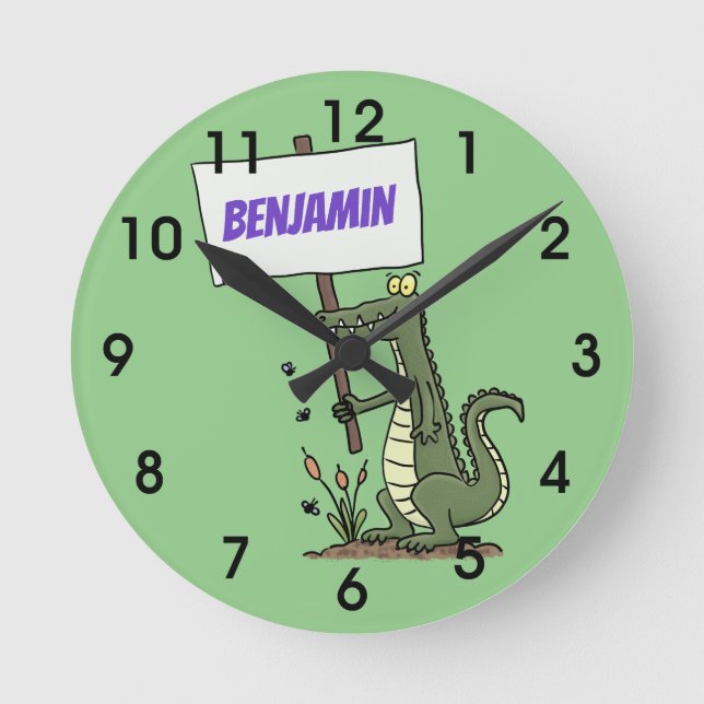 Funny crocodile aligator with sign cartoon round c round clock (Front)