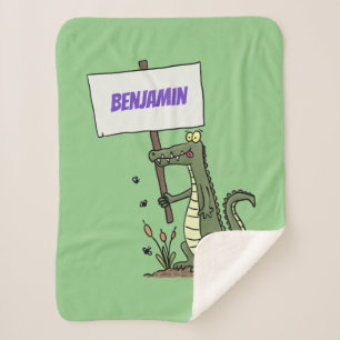 Funny crocodile aligator with sign cartoon  sherpa blanket