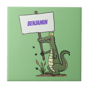 Funny crocodile aligator with sign cartoon tile