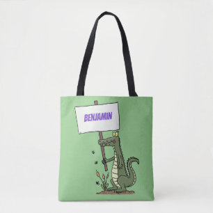 Funny crocodile aligator with sign cartoon tote bag