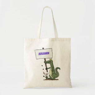 Funny crocodile aligator with sign cartoon tote bag