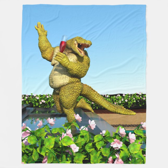 Funny Crocodile Champagne Pool Party Art Fleece Blanket (Front)