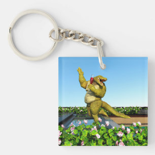 Funny Crocodile Champagne Pool Party Art Keychain