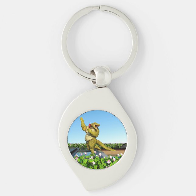 Funny Crocodile Champagne Pool Party Art Keychain (Front)