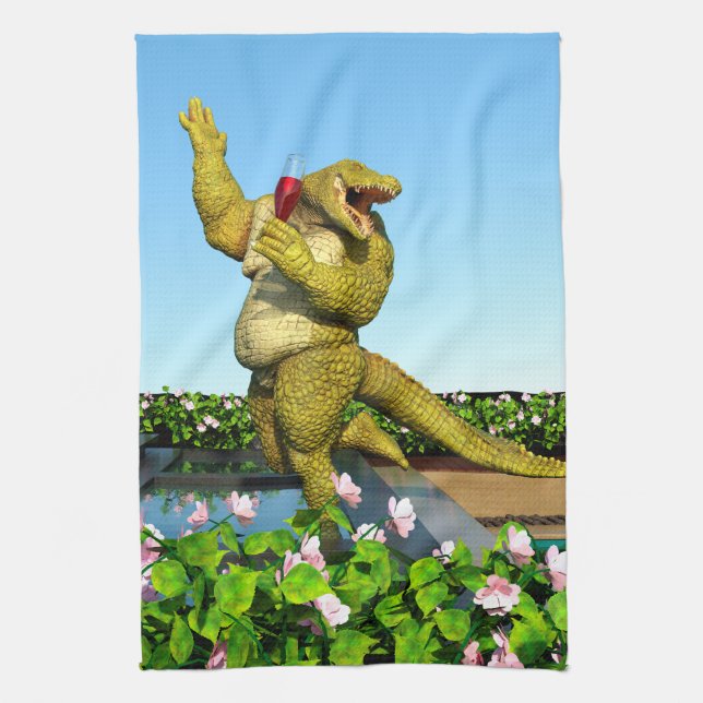 Funny Crocodile Champagne Pool Party Art Kitchen Towel (Vertical)