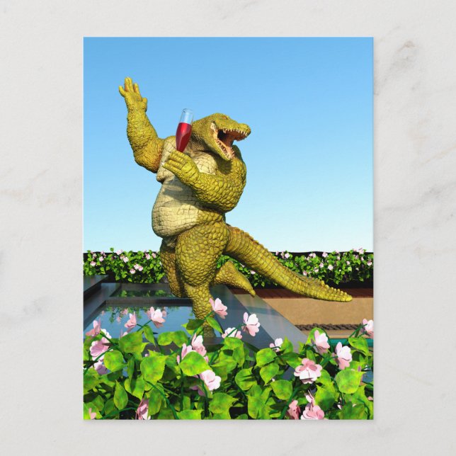 Funny Crocodile Champagne Pool Party Art Postcard (Front)