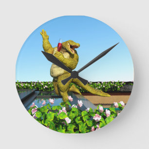 Funny Crocodile Champagne Pool Party Art Round Clock