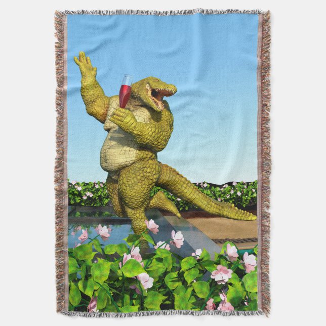 Funny Crocodile Champagne Pool Party Art Throw Blanket (Front Vertical)