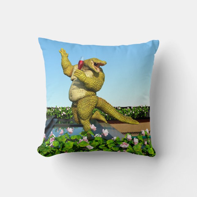 Funny Crocodile Champagne Pool Party Art Throw Pillow (Front)