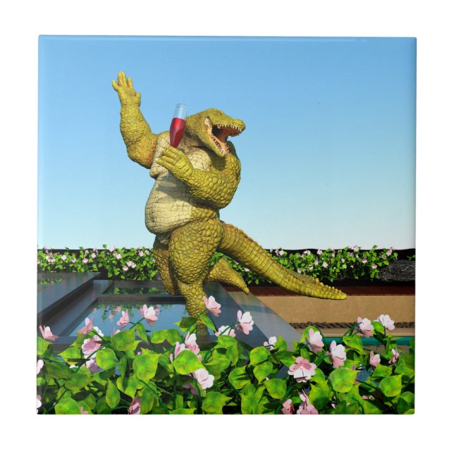 Funny Crocodile Champagne Pool Party Art Tile (Front)