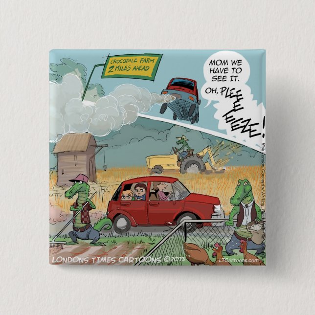 Funny Crocodile Farm 2 Inch Square Button (Front)