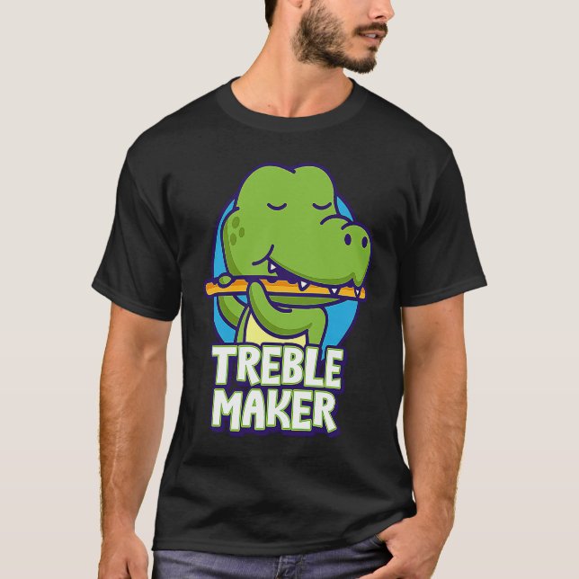 Funny Crocodile Playing Flute Treble Maker Instrum T-Shirt (Front)