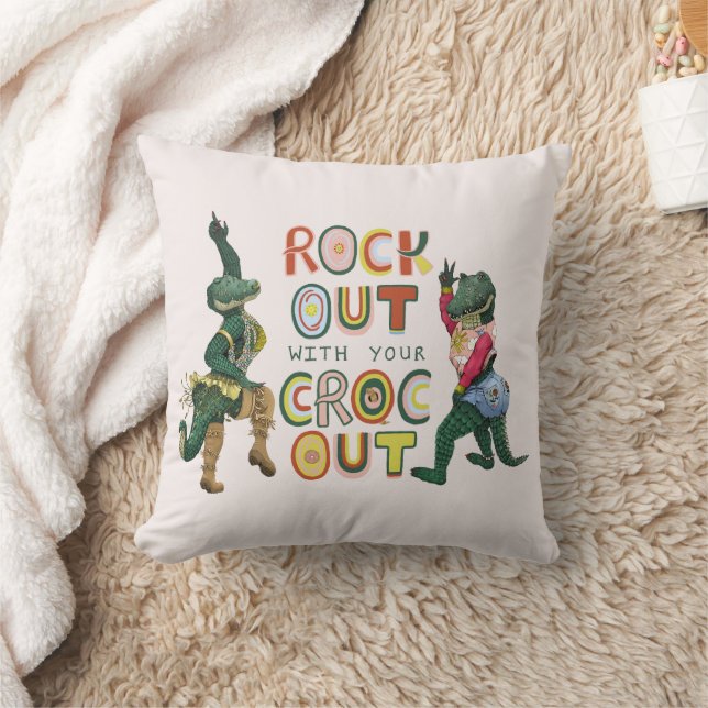 Funny Crocodile Pun Rock Out With Your Croc Out Throw Pillow (Blanket)