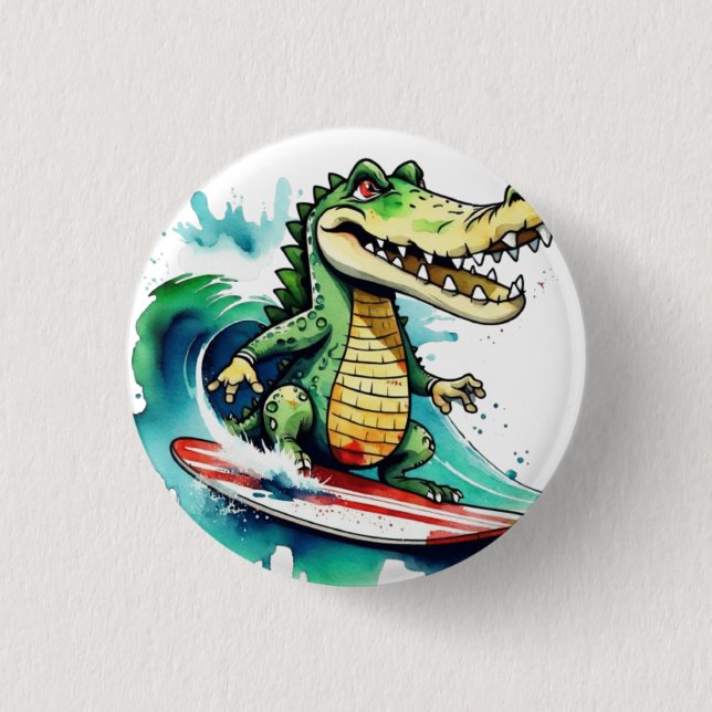 Funny crocodile surfing 1 inch round button (Front)