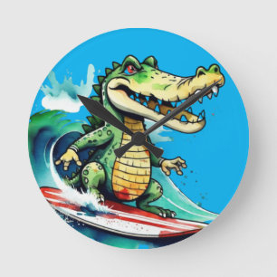 Funny crocodile surfing round clock