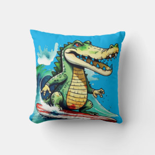 Funny crocodile surfing throw pillow