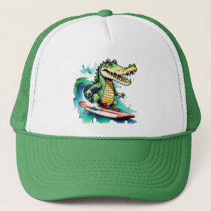 Funny crocodile surfing trucker hat