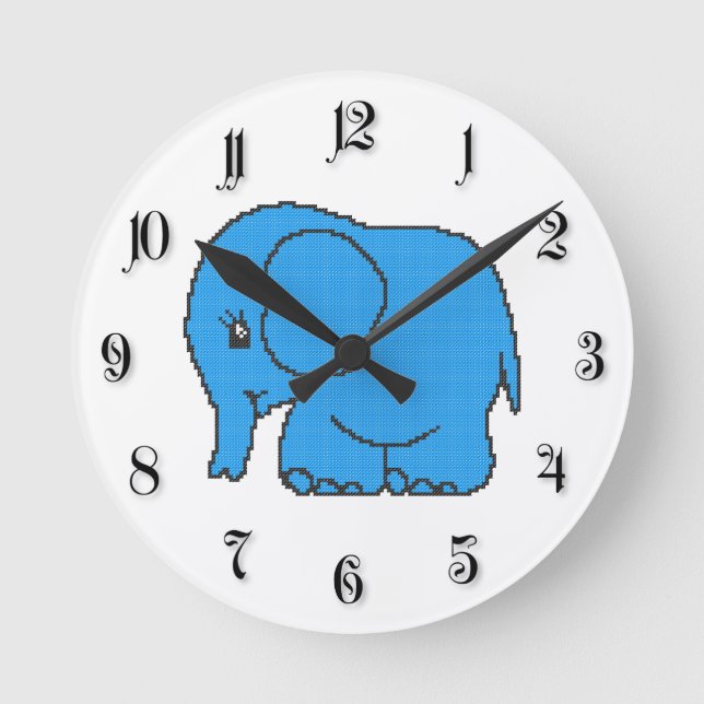 Funny cross-stitch blue elephant round clock (Front)