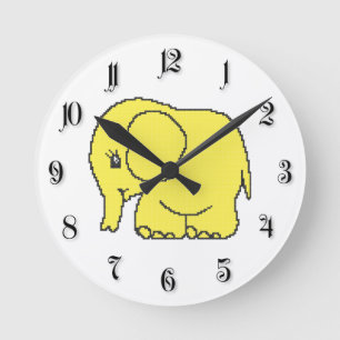 Funny cross-stitch yellow elephant round clock