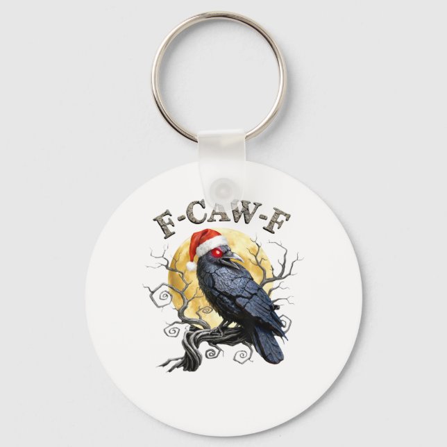 Funny Crow F-Caw-F Bird Gothic Christmas Santa Hat Keychain (Front)