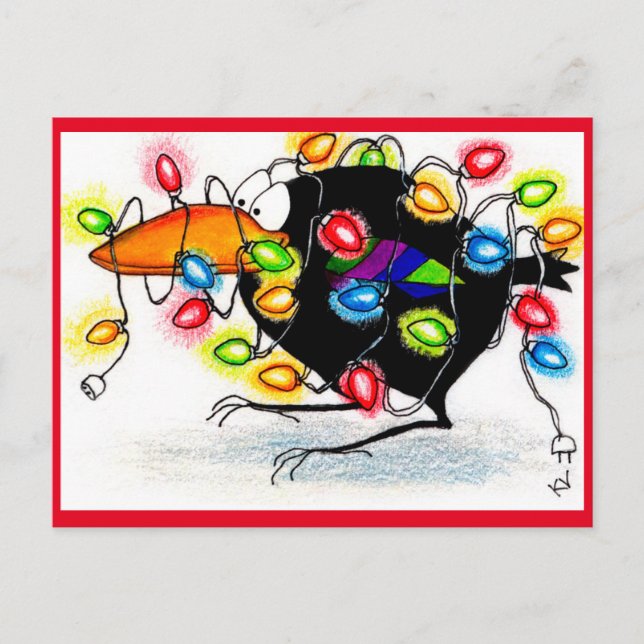 Funny Crow Feux de Noël d'hiver carte postale (Devant)
