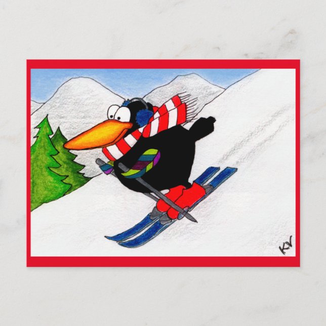 Funny Crow Winter Skiing Vacation postcard (Front)