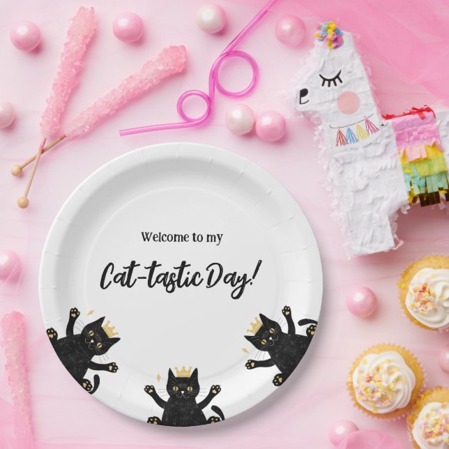 Funny Crown Black Cat Birthday Paper Plate (Party)