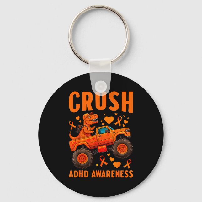 Funny Crush Adhd Awareness T-rex Monster Truck Kid Keychain (Front)