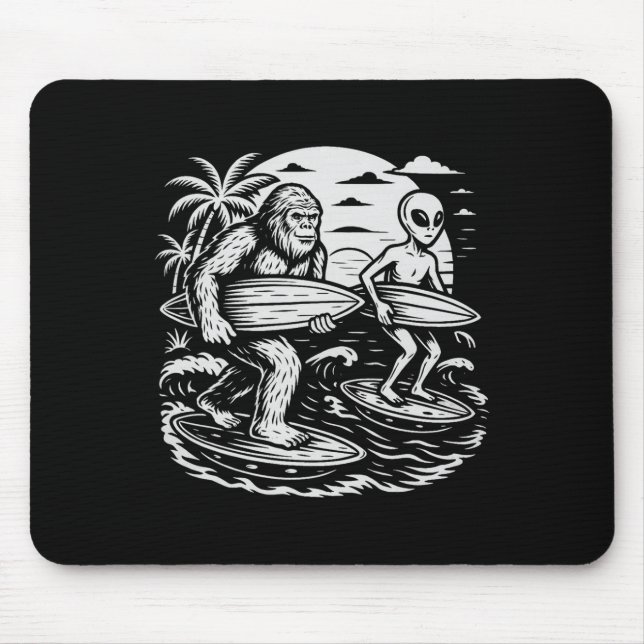 Funny Cryptid Bigfoot Alien Surfing Ufo Beach Suns Mouse Pad (Front)