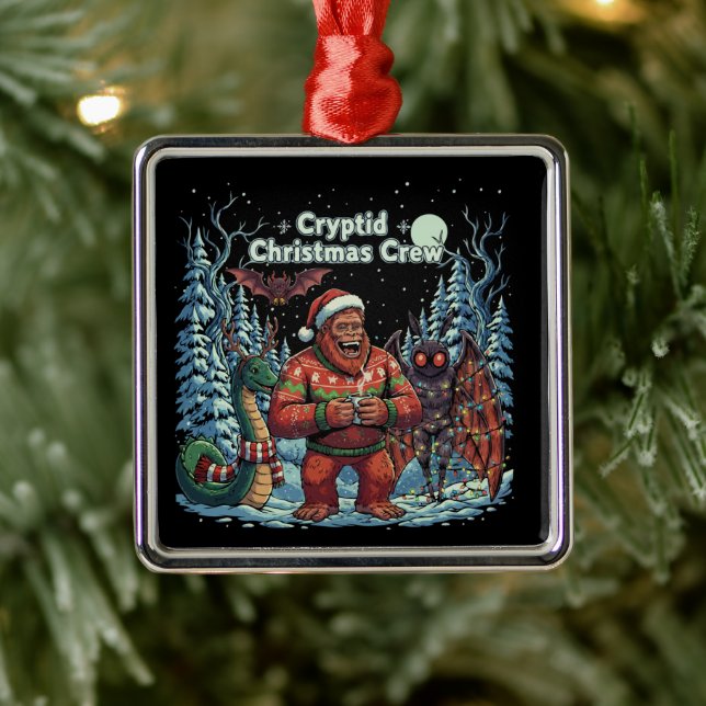 Funny Cryptid Christmas Crew | Bigfoot, Mothman  Metal Ornament (Tree)