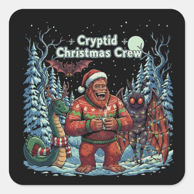Funny Cryptid Christmas Crew | Bigfoot, Mothman  Square Sticker (Front)
