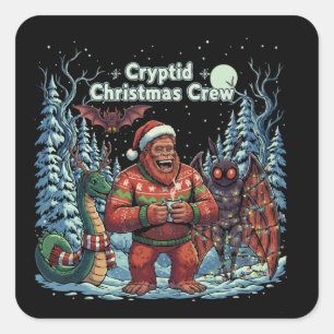 Funny Cryptid Christmas Crew   Bigfoot, Mothman  Square Sticker