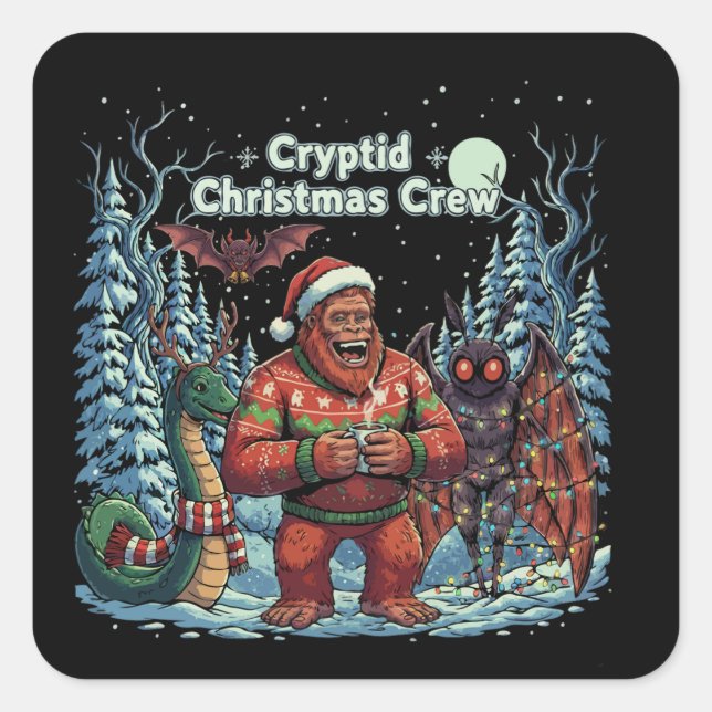 Funny Cryptid Christmas Crew | Bigfoot, Mothman  Square Sticker (Front)